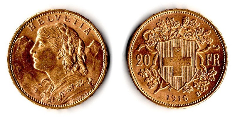 Schweiz MM-Frankfurt Feingewicht: 5,81g Gold 20sFR (Vreneli) 1915 B vorzüglich / sehr schön