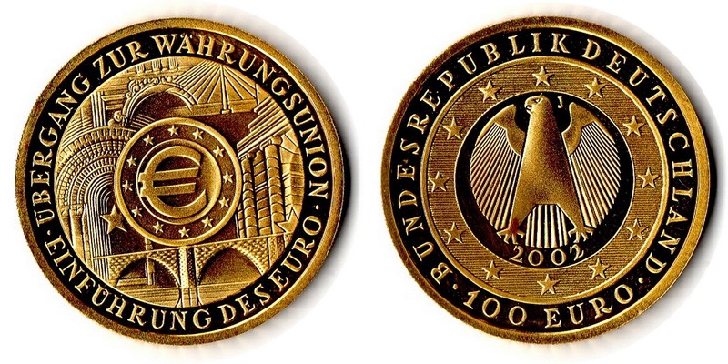 BRD MM-Frankfurt  Feingewicht: 15,55g Gold 100 EUR (Einführung EURO) 2002 J vorzüglich (roter Fleck)
