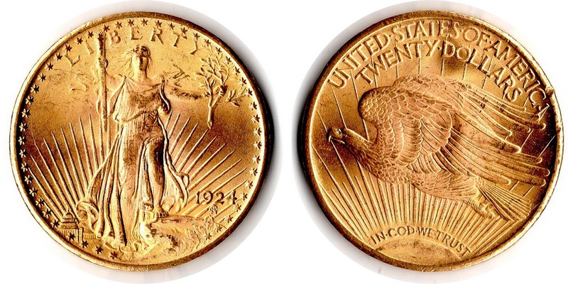 USA MM-Frankfurt Feingewicht: 30,09g Gold 20 Dollar 1924 vorzüglich ( Randfehler)