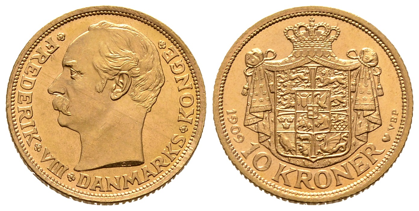 PEUS 8049 Dänemark 4,03 g Feingold. Frederik VIII. (1906 - 1912) 10 Kronen GOLD 1909 VBP Vorzüglich +