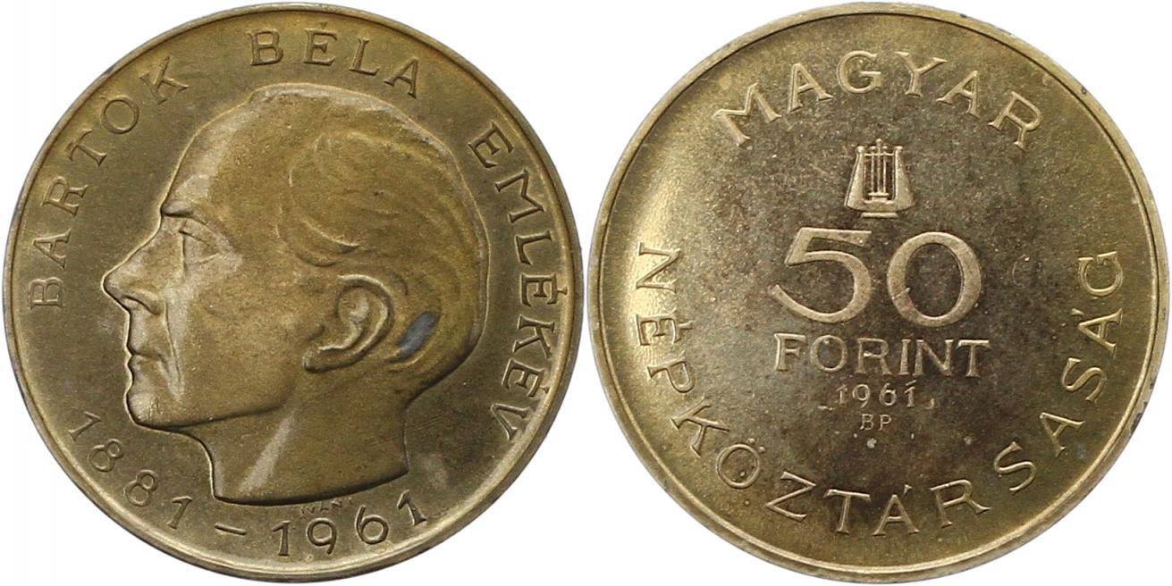  7836 Ungarn  50 Forint 1961 B. Bartok  15 Gr. Silber fein  vorzüglich, zaponiert   