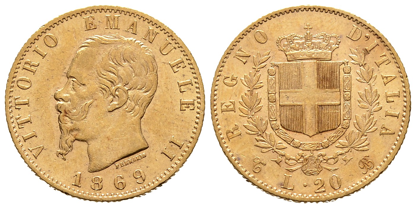 PEUS 8062 Italien Königreich 5,81 g Feingold. Vittorio Emanuelle II. (1861 - 1878) 20 Lire GOLD 1869 T BN Sehr schön