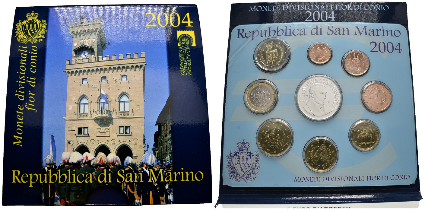 PEUS 5723 San Marino 16,65 g Feinsilber. Originalverpackung KMS Satz (9 Stück) SILBER 2004 Stempelglanz