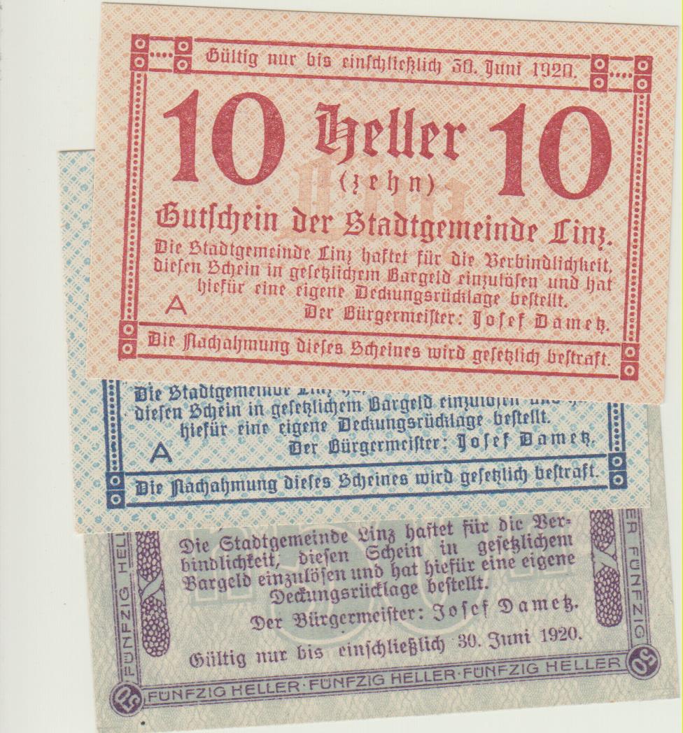  Österreich Notgeld Linz 3 Scheine 10,20,50 Heller kfr.   