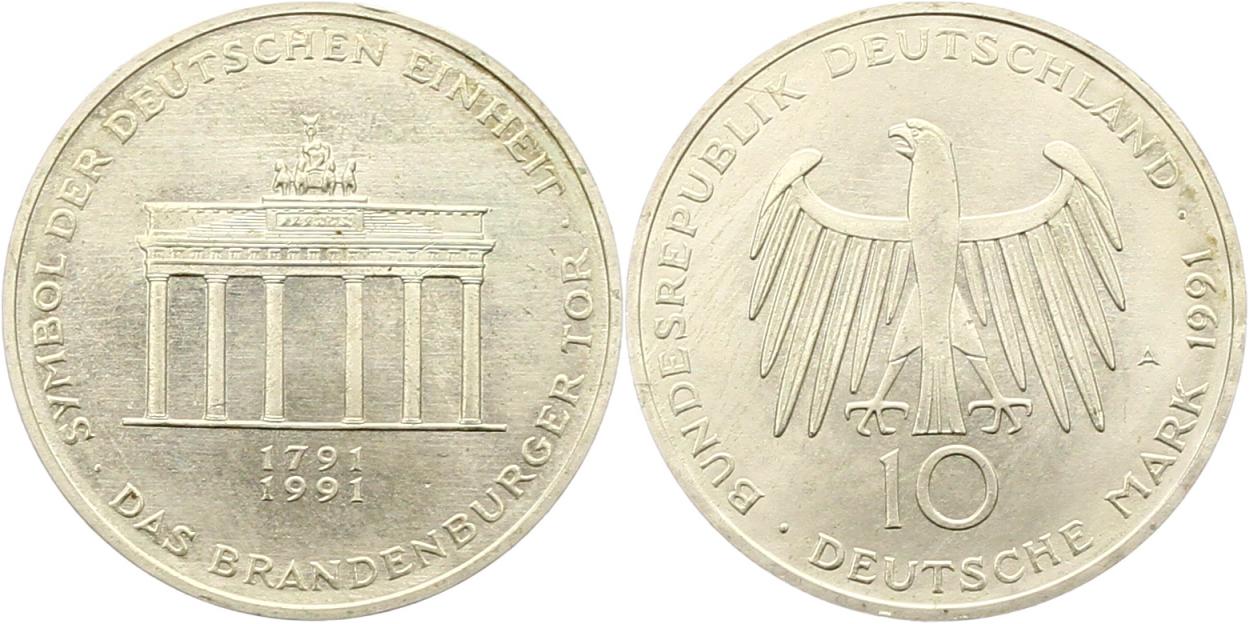  7955 10 Mark 1991 A   Brandenburger Tor  9,69 Gramm Silber fein  vorzüglich   