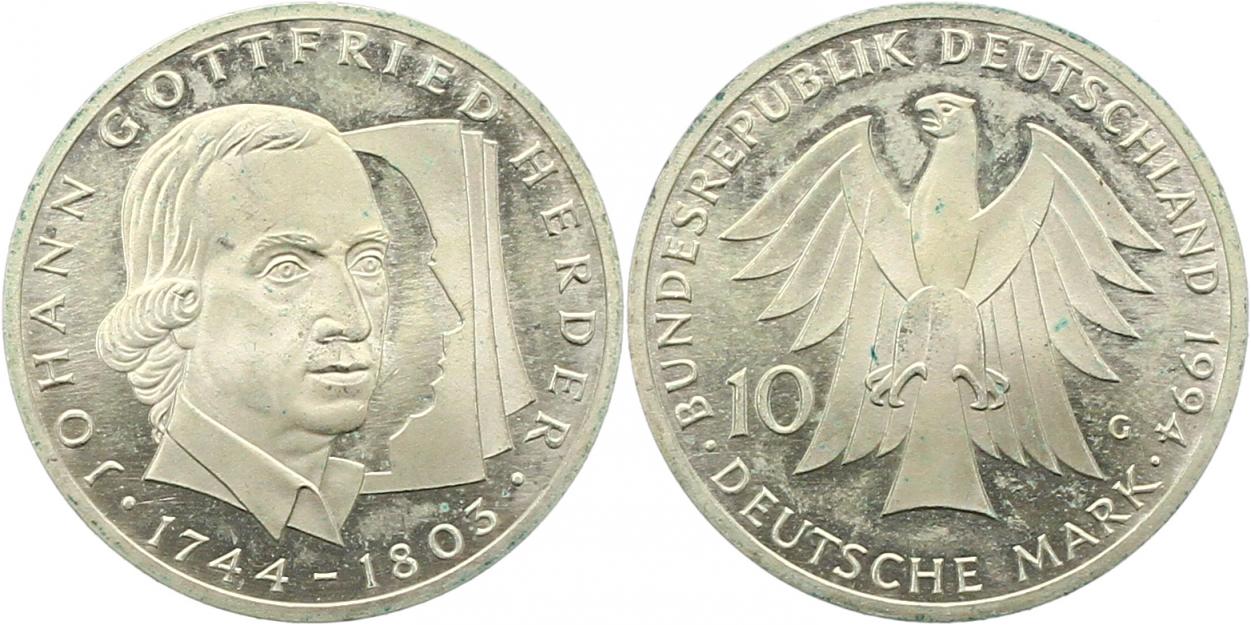  7963 10 Mark 1994 G   Herder  9,69 Gramm Silber fein  vorzüglich   