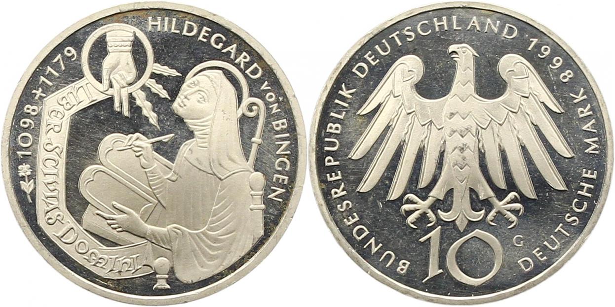 7973 10 Mark 1998 G  Hildegard von Bingen  14,34 Gramm Silber fein  vorzüglich   