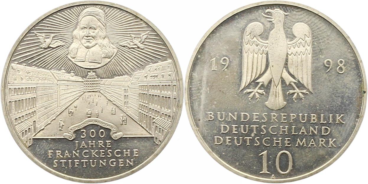 7974 10 Mark 1998 A  Franckesche Stiftungen  14,34 Gramm Silber fein  vorzüglich   