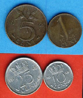  Niederlande 1948 1 Cent. 5 Cent. 10 Cent. + 25 Cent kompl.   