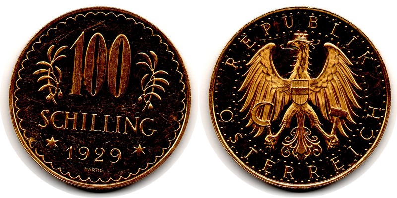 Österreich MM-Frankfurt Feingewicht: 21,17g Gold 100 Schilling 1929 vorzüglich