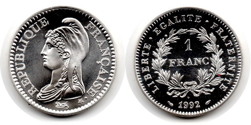  Frankreich  1 Francs  1992  FM-Frankfurt Feingewicht: 14g Silber   stempelglanz   