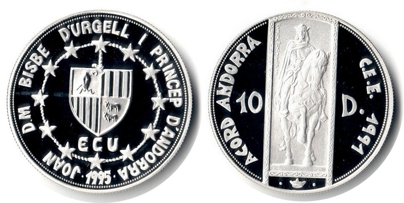  Andorra  10 Dinar (1 ECU)  1995 FM-Frankfurt  Feingewicht: 28,95g Silber PP   