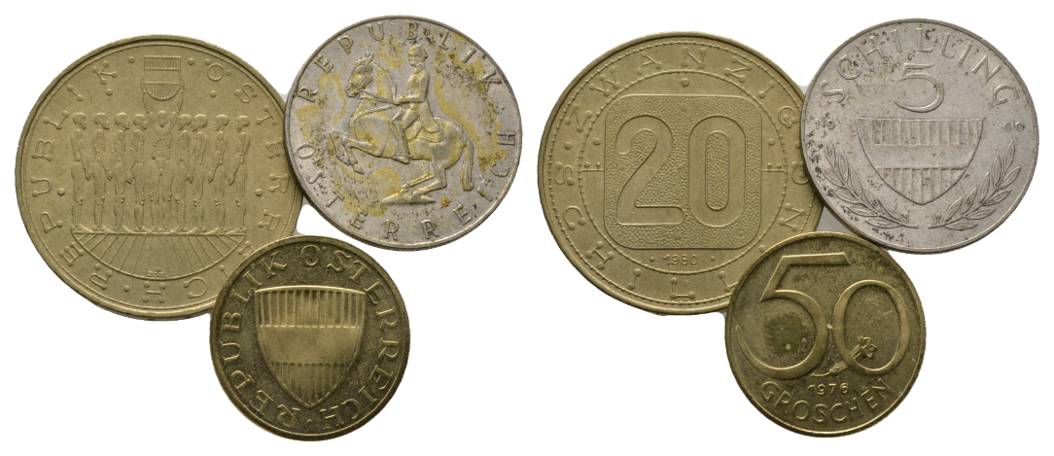  Österreich, 20 Schilling 1980;  5 Schilling 1960; 50 Groschen 1976   