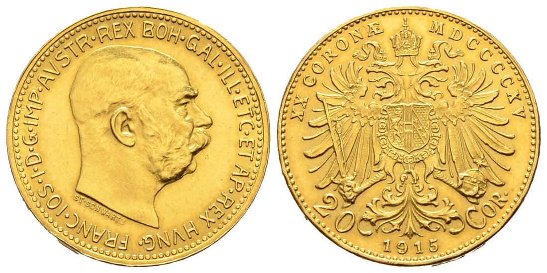 PEUS 8161 Österreich 6,1 g Feingold. Franz Joseph I. (1848 - 1916) 20 Kronen (off.NP) GOLD 1915 Vorzüglich
