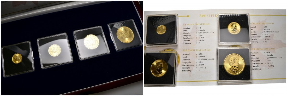 PEUS 8164 Kanada 57,54 g Feingold. Maple Leaf incl. Holzbox + Zertifikat Maple leaf Set GOLD (4 Münzen) 2016 Stempelglanz (in Kapsel)