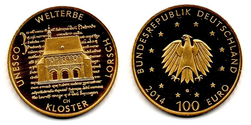 BRD MM-Frankfurt  Feingewicht: 15,55g Gold 100 EUR (Lorsch) 2014 stg