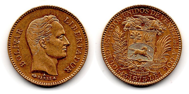 Venezuela MM-Frankfurt  Feingewicht: 5,8g Gold 20 Bolivares 1875 sehr schön
