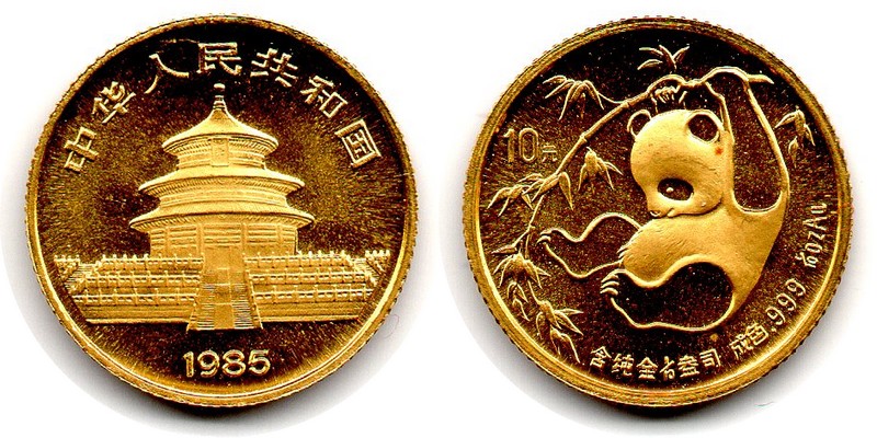 China MM-Frankfurt Feingewicht 3,11g Gold 10Yuan (Panda) 1985 vorzüglich