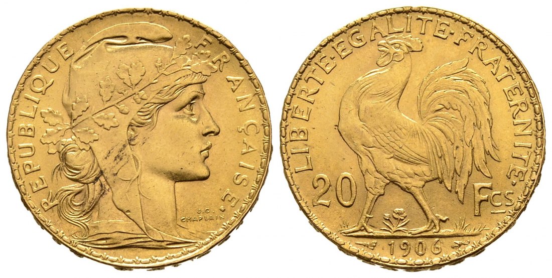 PEUS 8183 Frankreich 5,81 g Feingold. Marianne / Galischer Hahn 20 Francs GOLD 1906 A Fast Vorzüglich