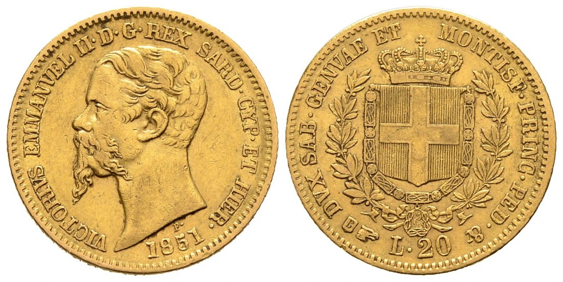 PEUS 8192 Italien 5,81 g Feingold. Vittorio Emanuelle II. (1849 - 1861) 20 Lire GOLD 1851 B Turin Sehr schön