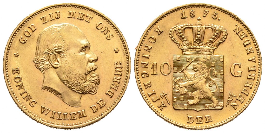 PEUS 8194 Niederlande 6,06 g Feingold. Wilhelm III. (1849 - 1890) 10 Gulden GOLD 1875 Utrecht Vorzüglich