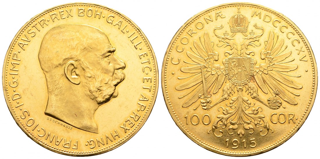 PEUS 8196 Österreich 30,49 g Feingold. Franz Joseph (1848-1916) 100 Kronen (off.NP) GOLD 1915 Vorzüglich