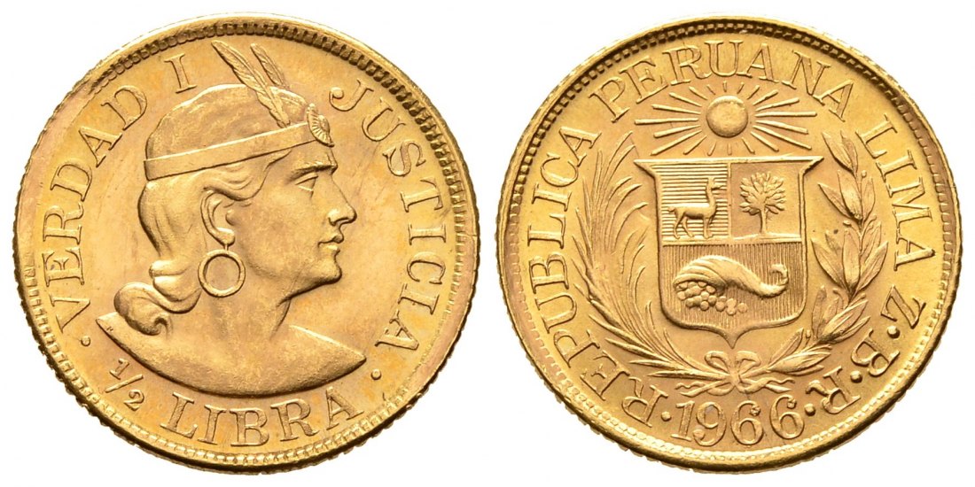 PEUS 8198 Peru 3,66 g Feingold. 1/2 Libra (Pound)GOLD 1966 Z.B.R. Vorzüglich / Stempelglanz