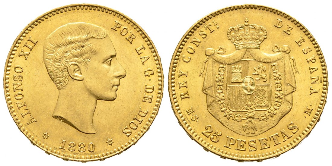 PEUS 8200 Spanien 7,26 g Feingold. Alfons XII. (1874 - 1885) 25 Pesetas GOLD 1880 (18.80)MS-M Sehr schön +