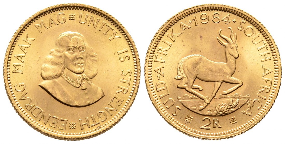 PEUS 8202 Südafrika 7,32 g Feingold 2 Rand GOLD 1964 Kl. Kratzer, Vorzüglich +