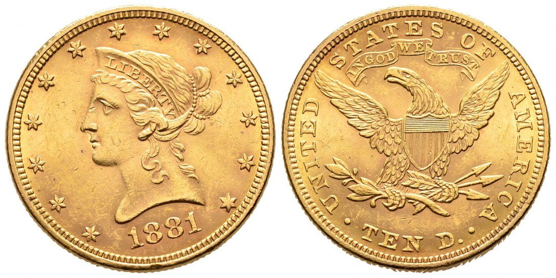 PEUS 8204 USA 15,05 g Feingold. Coronet Head 10 Dollars GOLD 1881 Kratzer, Sehr schön / Sehr schön +