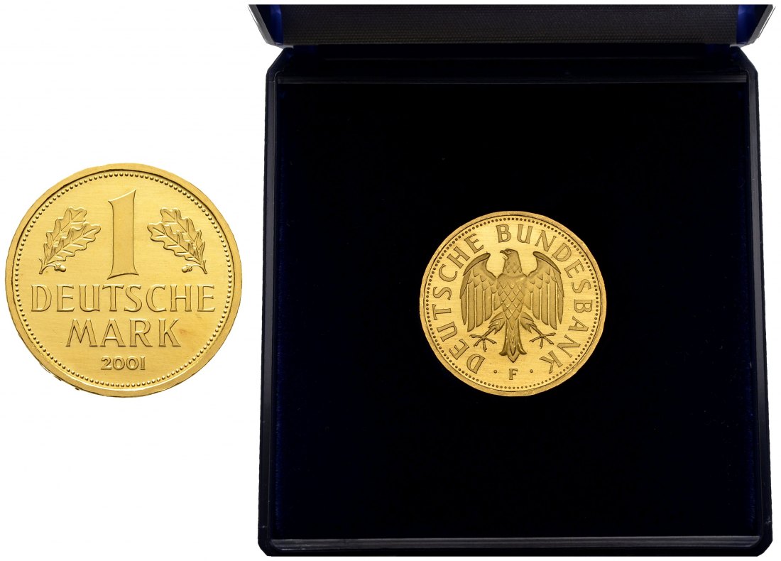 PEUS 8182 BRD 12 g Feingold + Etui 1 Mark GOLD 2001 F Stuttgart Stempelglanz