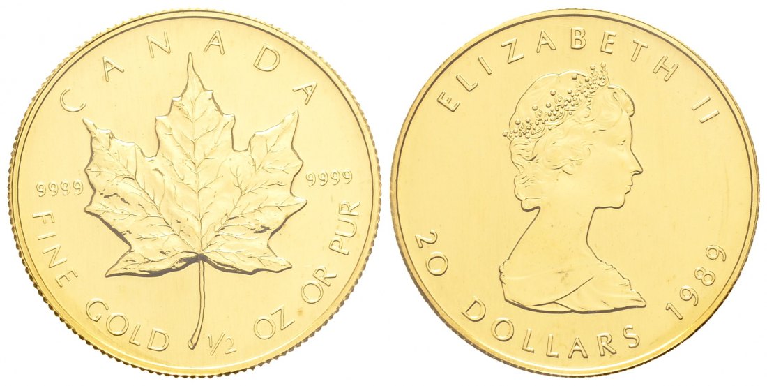 PEUS 8206 Kanada 15,55 g Feingold. Maple Leaf 20 Dollars GOLD 1/2 Unze 1989 Uncirculated (eingeschweißt)