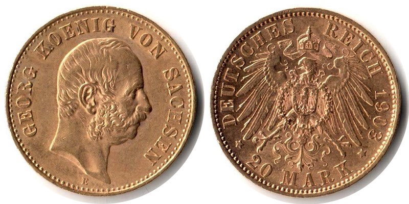 Sachsen, Königreich MM-Frankfurt Feingewicht: 7,17g Gold 20 Mark 1903 E sehr schön