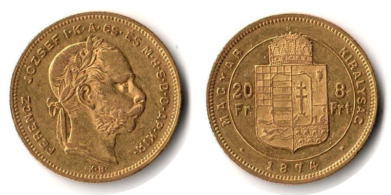 Ungarn MM-Frankfurt Feingewicht 5,81g Gold 8 Forint 1874 sehr schön