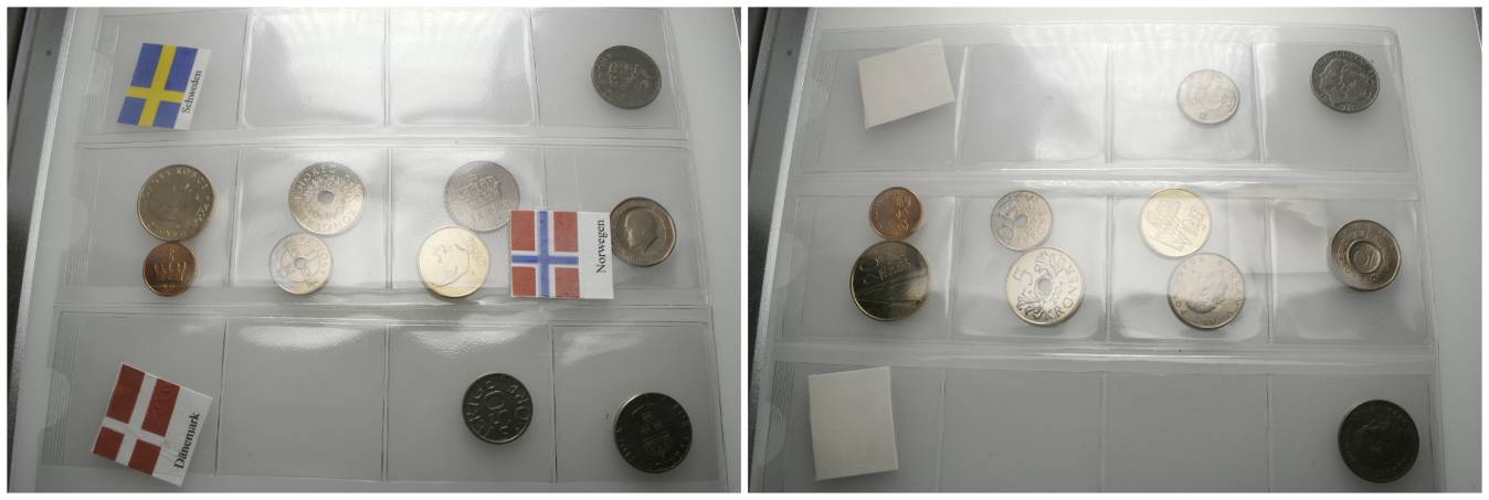  Dänemark, 2 Kleinmünzen; Norwegen 7 Kleinmünzen; Schweden, Kleinmünze   