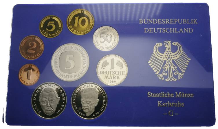  Deutschland, Kursmünzensatz, 1 Pfennig - 5 DM 1989 G   