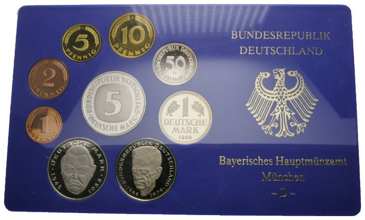  Deutschland, Kursmünzensatz, 1 Pfennig - 5 DM 1989 D   