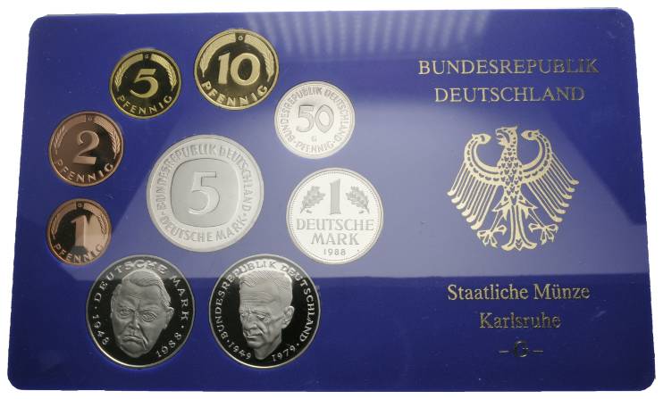  Deutschland, Kursmünzensatz, 1 Pfennig - 5 DM 1988 G   