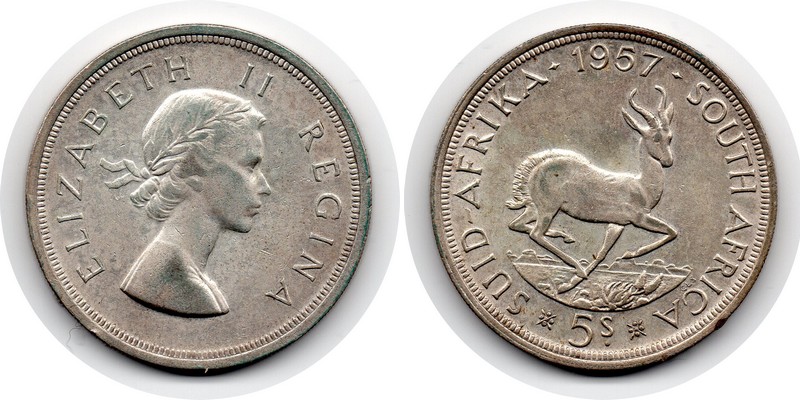  Süd Afrika  5 Shillings  1957  FM-Frankfurt  Feingewicht: 14,14g Silber sehr schön   