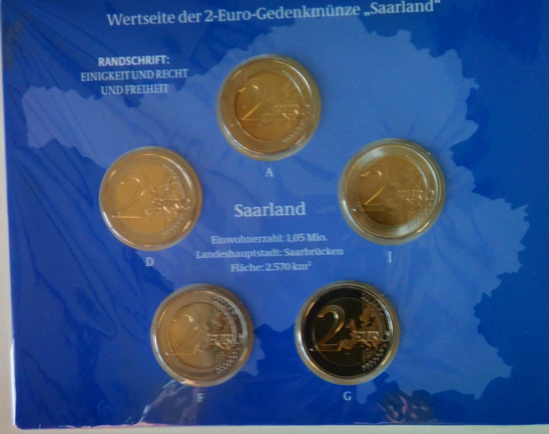  5 x 2 Euro Sondermünzen BRD Serie Bundesländer, Saarland, 2009, Blister, Stgl. offiz. Ausgabe   