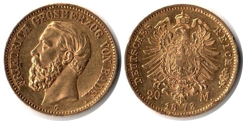 Baden, Großherzogtum MM-Frankfurt Feingewicht: 7,17g Gold 20 Mark 1873 sehr schön