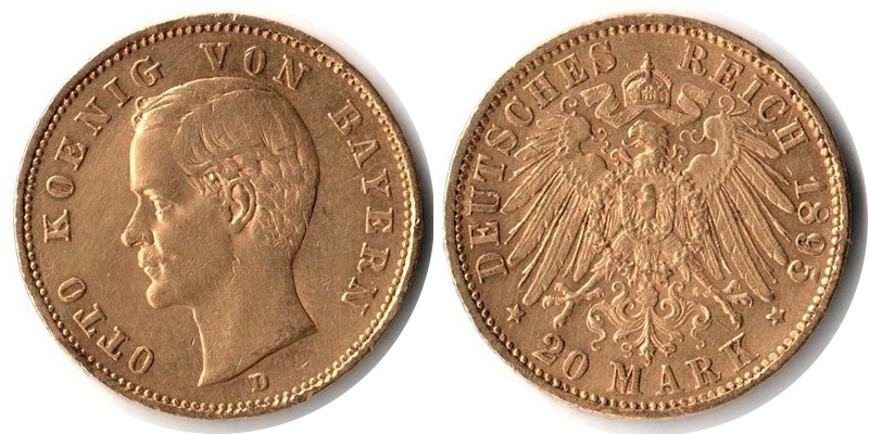 Bayern, Königreich MM-Frankfurt Feingewicht: 7,17g Gold 20 Mark 1895 D sehr schön