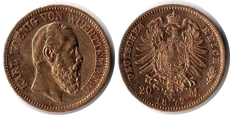 Würtemberg, Königreich MM-Frankfurt Feingewicht: 7,17g Gold 20 Mark 1872 J sehr schön