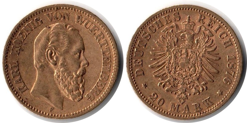 Würtemberg, Königreich MM-Frankfurt Feingewicht: 7,17g Gold 20 Mark 1876 F sehr schön