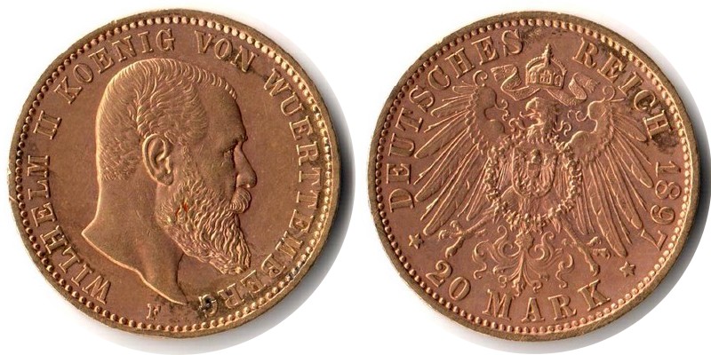Würtemberg, Königreich MM-Frankfurt Feingewicht: 7,17g Gold 20 Mark 1897 sehr schön