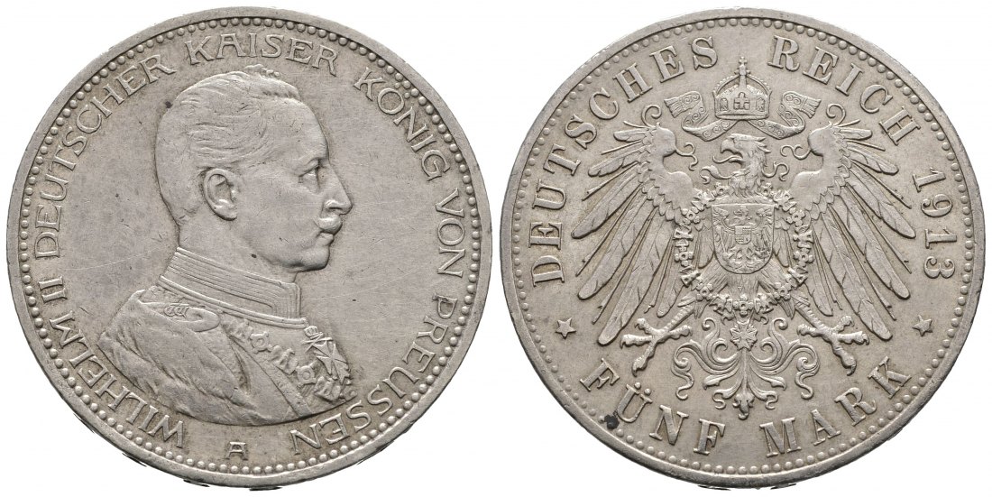 PEUS 8217 Kaiserreich - Preußen Kaiser in Kürassieruniform 5 Mark 1913 A Sehr schön +