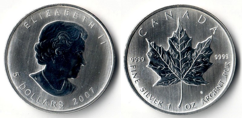  Kanada  5 Dollar (Maple Leaf) 2007  FM-Frankfurt Feingewicht: 31,1g Silber stg/vz   