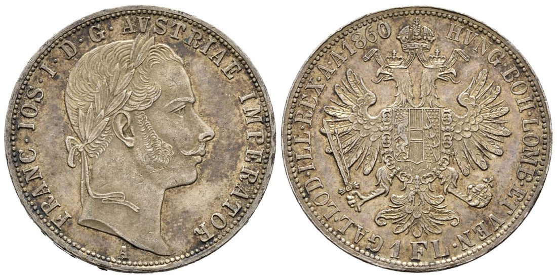 PEUS 8221 Österreich 11,1 g Feinsilber. Franz Joseph I. (1848 - 1916) Florin 1860 A Patina, Sehr schön +