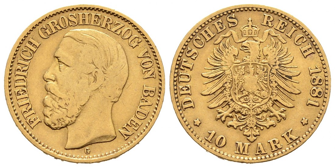 PEUS 8225 Baden - Kaiserreich 3,58 g Feingold. Friedrich I. (1852 - 1907) 10 Mark GOLD 1881 G Sehr schön