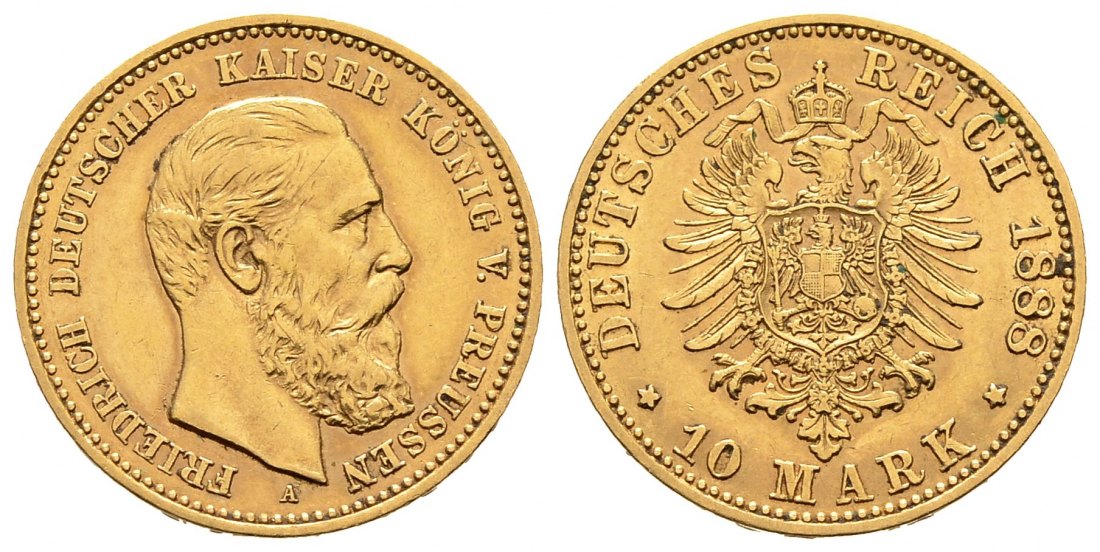 PEUS 8227 Kaiserreich - Preußen 3,58 g Feingold. Friedrich III. (09.03.- 15.06.1888) 10 Mark GOLD 1888 A Kl. Kratzer, Sehr schön +